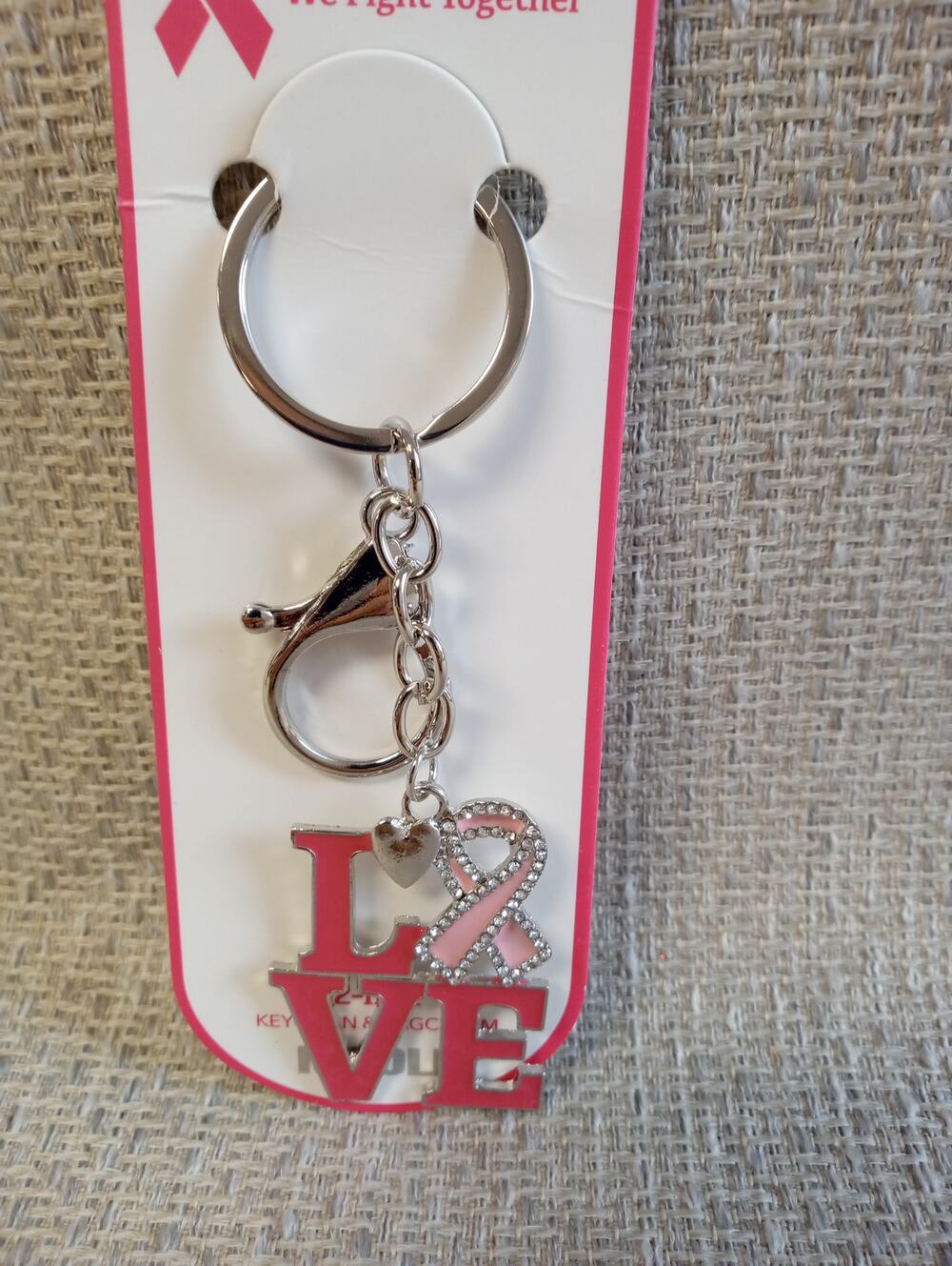 Breast Cancer Ribbon LOVE Keychain Bag Purse Charm Silvertone 1297-1302